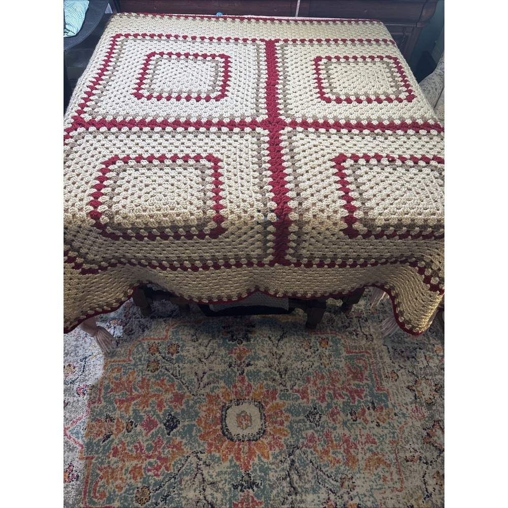 Handmade Granny‎ Core Crocheted Beige and Maroon Throw Blanket  55"x 55"